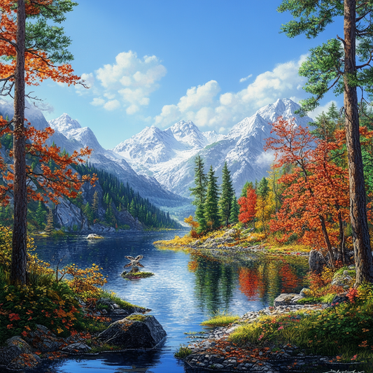 Tranquil Autumn Lake Diamond Painting – Scenic Mountain Landscape