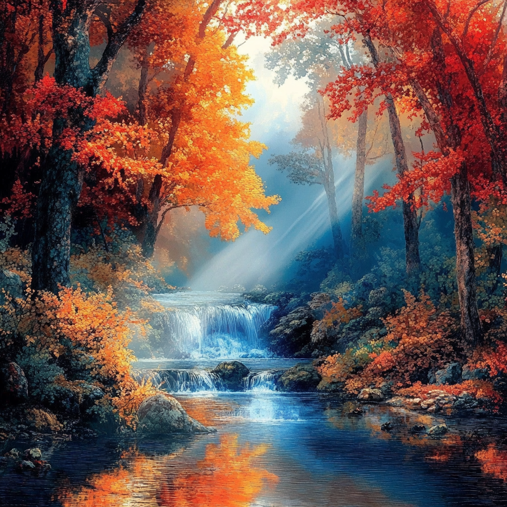 Autumn Forest Stream Diamond Painting – Enchanting Nature Scene