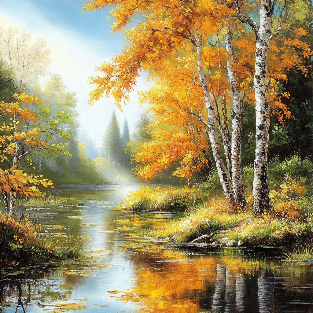 Serene Autumn River Diamond Painting – Golden Birch Landscape