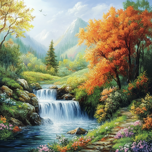 Autumn Mountain Waterfall Diamond Painting – DIY Nature Art Kit