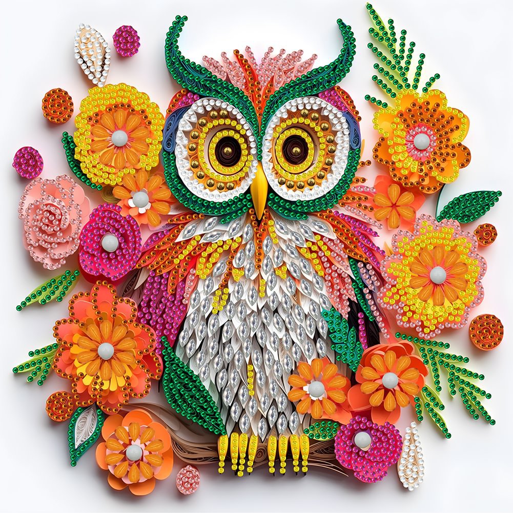 Vibrant Owl Diamond Painting Decor with 3D Floral Accents – Perfect Art Piece for Home & Office Display