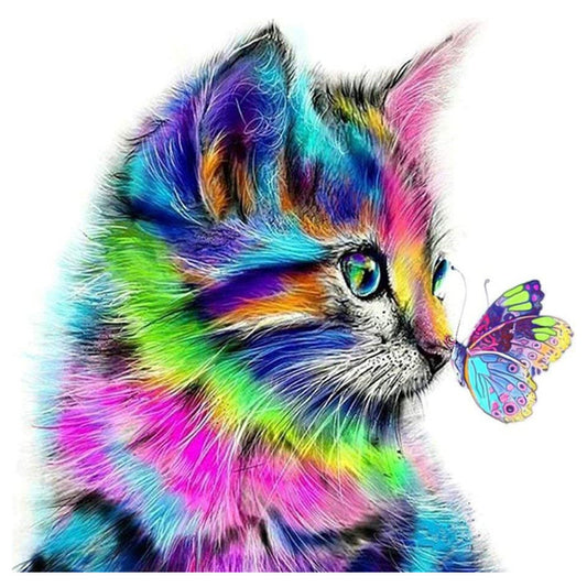 Rainbow Cat and Butterfly – Playful Diamond Painting