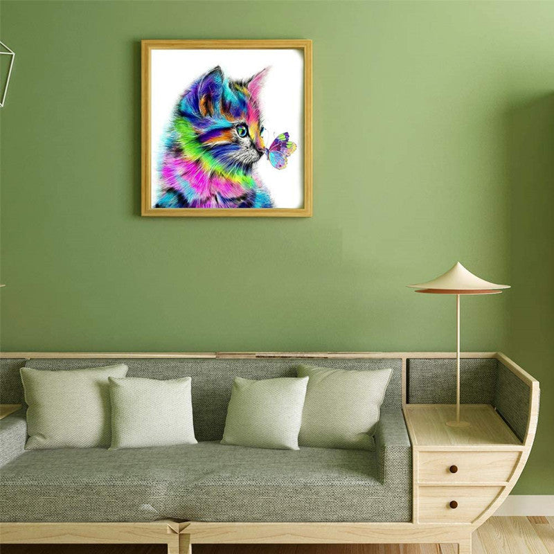 Rainbow Cat and Butterfly – Playful Diamond Painting